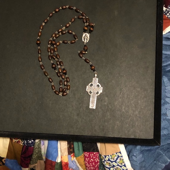 Handmade .925 Silver Celtic Cross Pennant Rosary with Wooden Beads - Picture 4 of 8
